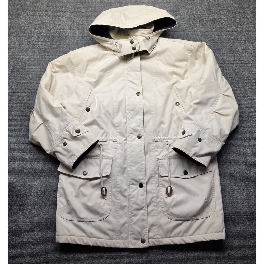Lands End Squall Parka Off White Navy Fleece Lined Hooded Jacket Womens Medium